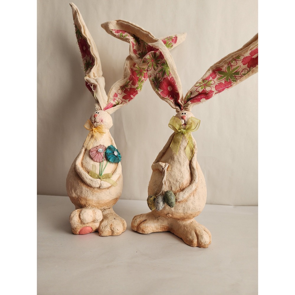 Rustic Paper Mache Easter Bunny Figurine Set Floral Ears Primitive Spring Decor